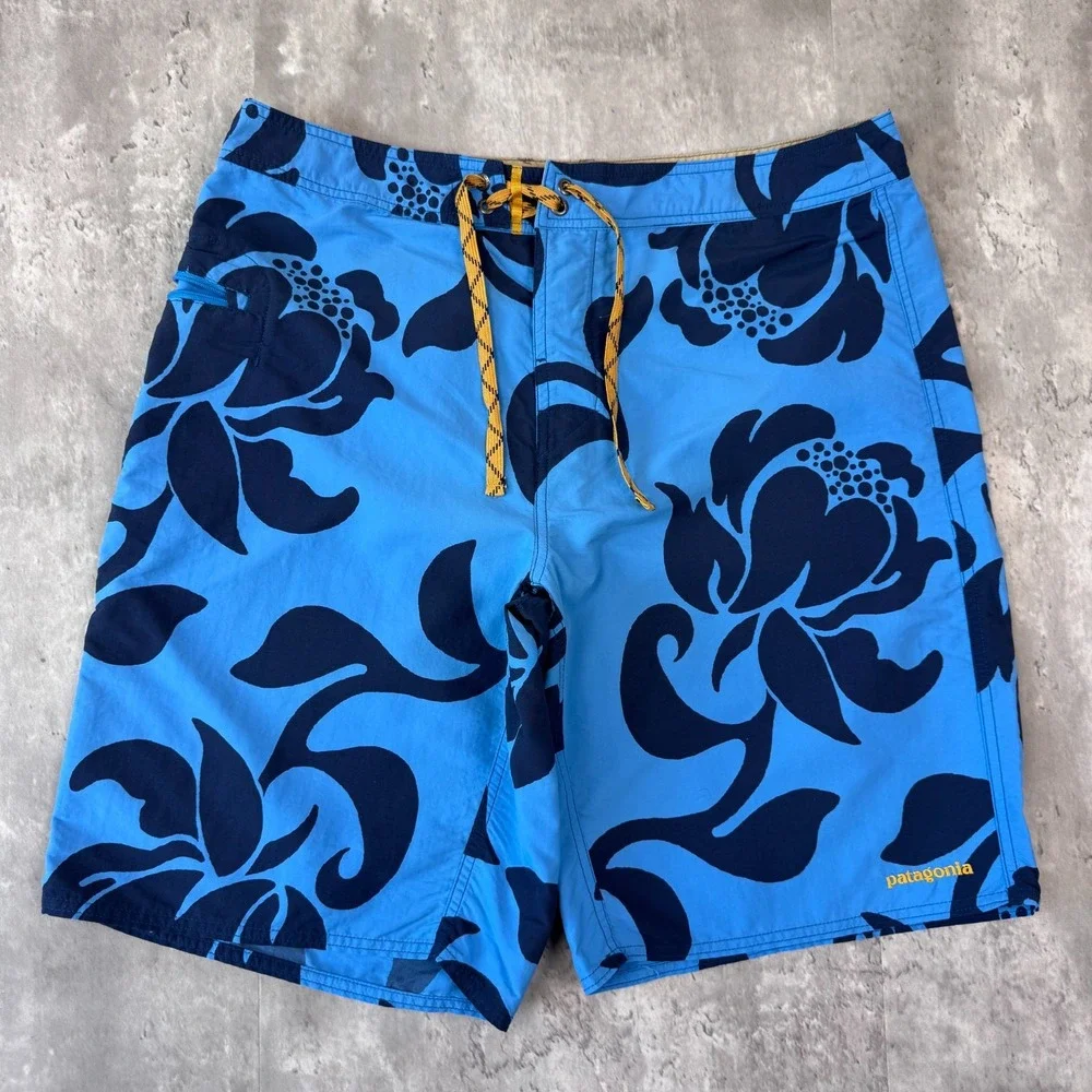 Patagonia Wavefarer Board Shorts Mens 36 Blue Floral Hibiscus Swim Trunks Surf